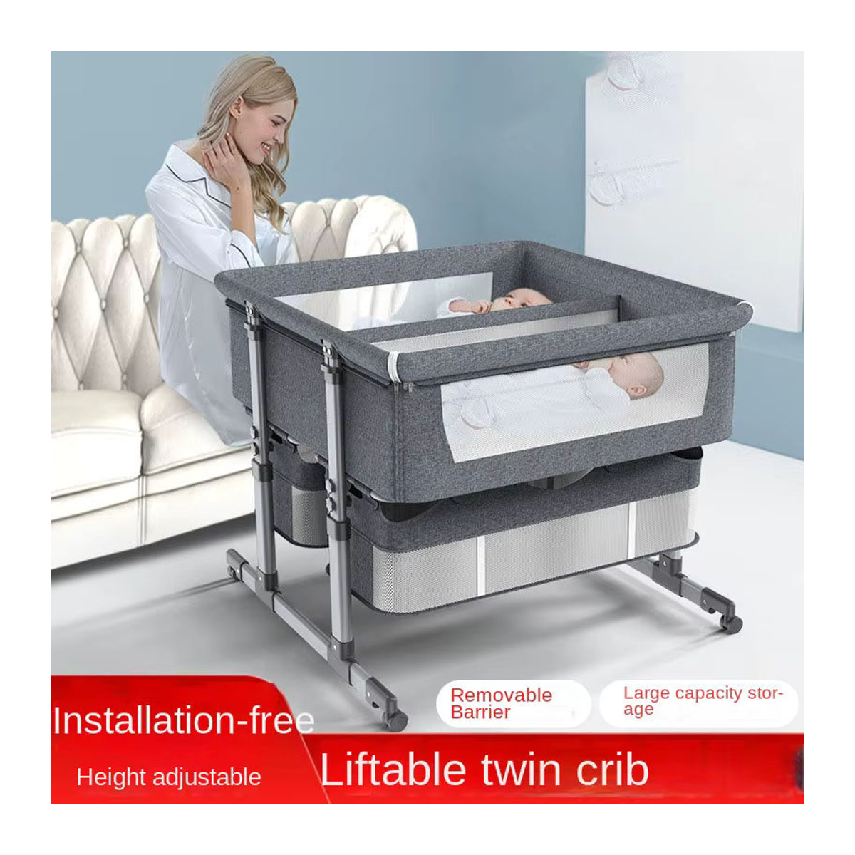 Pakey Zwillings-Kinderbett als höhenverstellbares Beistellbett und Schlafkörbchen aus Stoff und Metall in Beige oder Grau - Bild 3