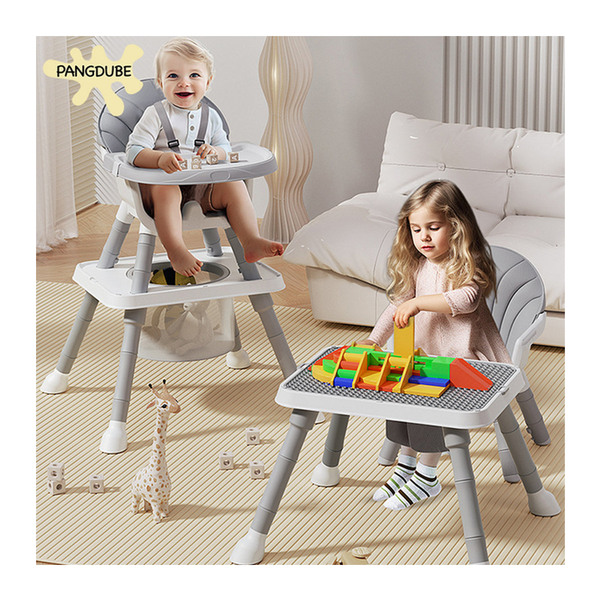 PANGDUBE 7-in-1 Kinderhochstuhl Multifunktionaler Babyhochstuhl mit Tisch und Lernhilfe in Grau - Bild 1