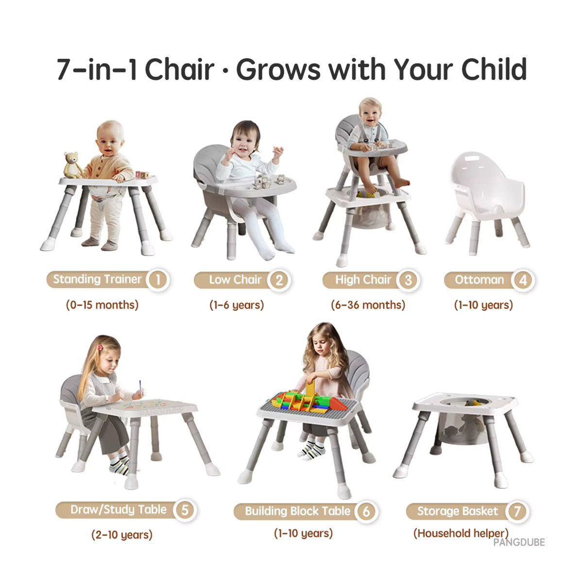 PANGDUBE 7-in-1 Kinderhochstuhl Multifunktionaler Babyhochstuhl mit Tisch und Lernhilfe in Grau - Bild 2