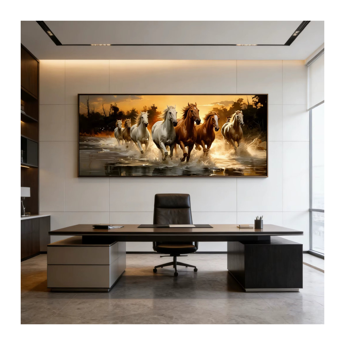 Panorama-Wanddruck von SHENCHEN mit sieben galoppierenden Pferden in Weiß und Braun als klassische Holz-Wandmontage im Querformat - Bild 2