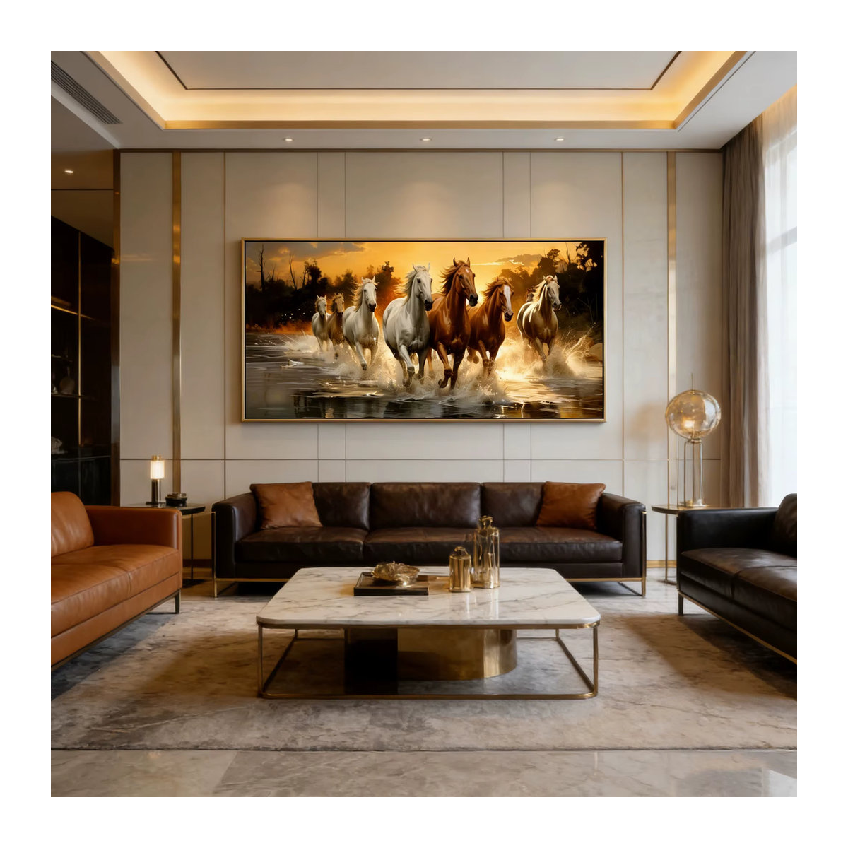 Panorama-Wanddruck von SHENCHEN mit sieben galoppierenden Pferden in Weiß und Braun als klassische Holz-Wandmontage im Querformat - Bild 3
