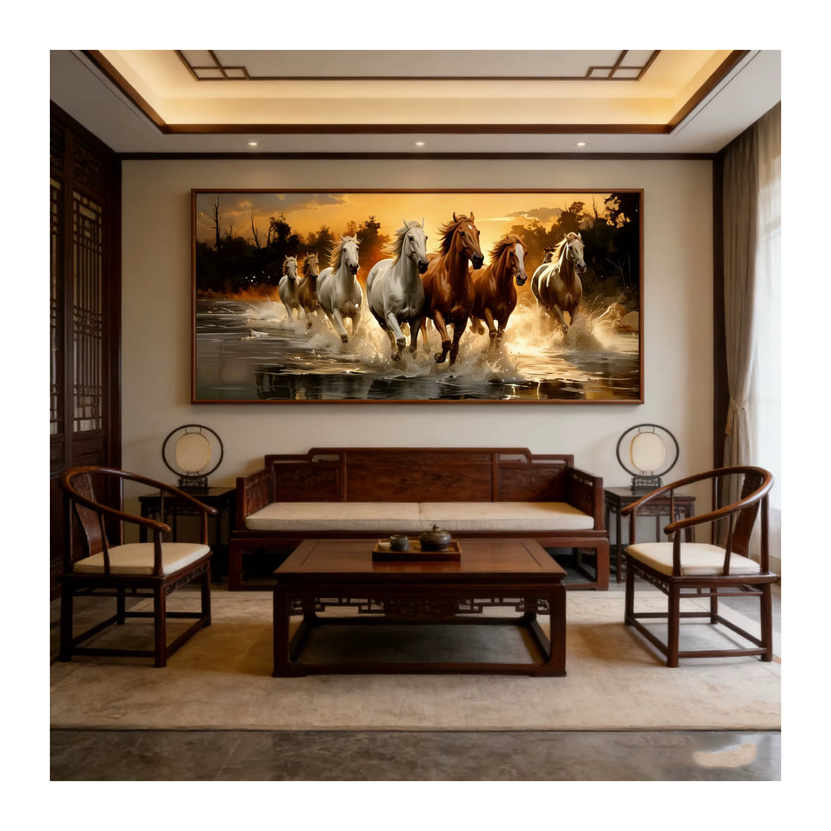 Panorama-Wanddruck von SHENCHEN mit sieben galoppierenden Pferden in Weiß und Braun als klassische Holz-Wandmontage im Querformat - Bild 4
