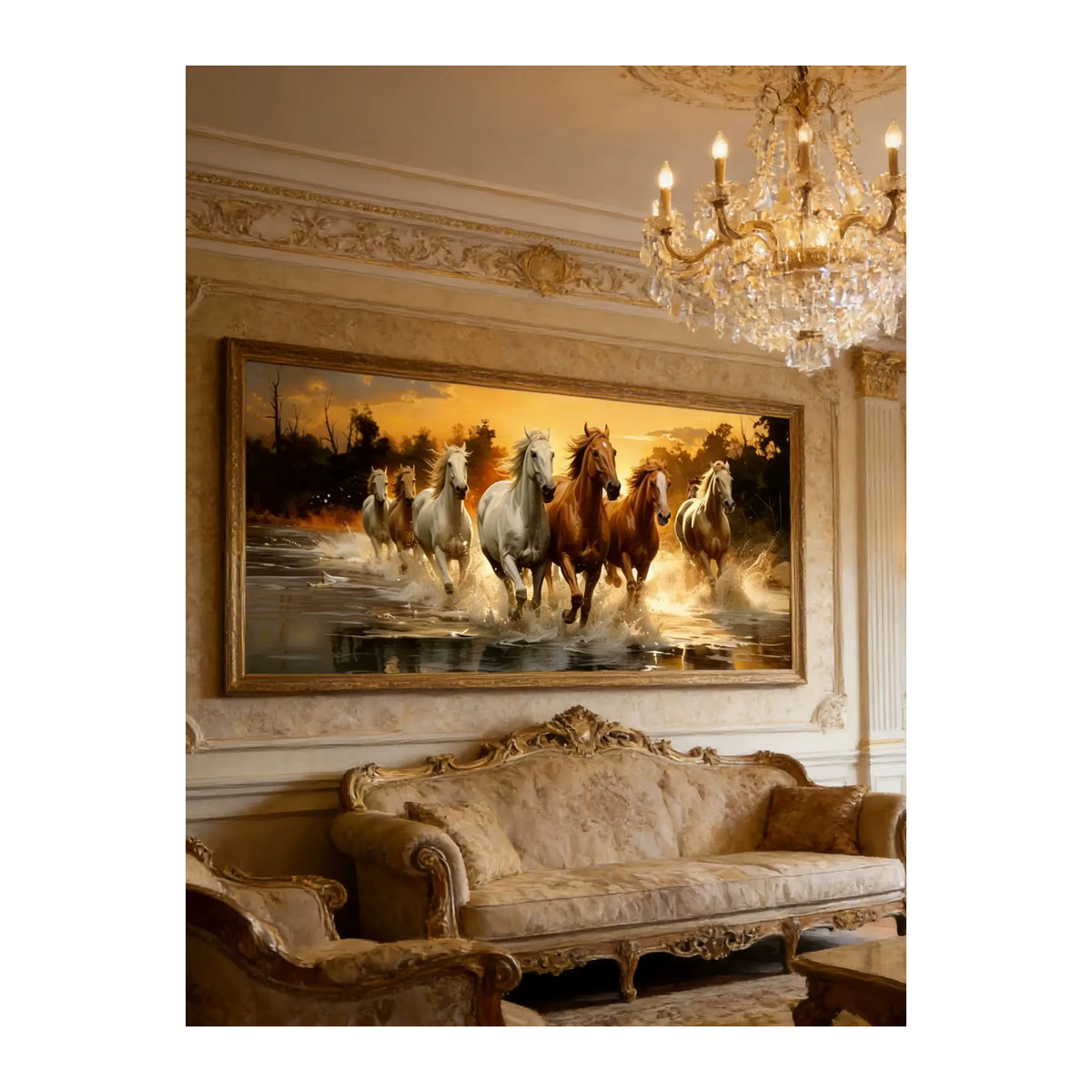 Panorama-Wanddruck von SHENCHEN mit sieben galoppierenden Pferden in Weiß und Braun als klassische Holz-Wandmontage im Querformat - Bild 5