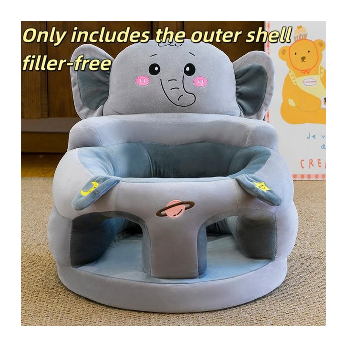 Papert Kleinkind-Nest-Puff ohne Füllung als Baby-Sofa und Stütz-Sitzbezug aus Plüsch in Grau mit Elefanten-Design - Bild 1