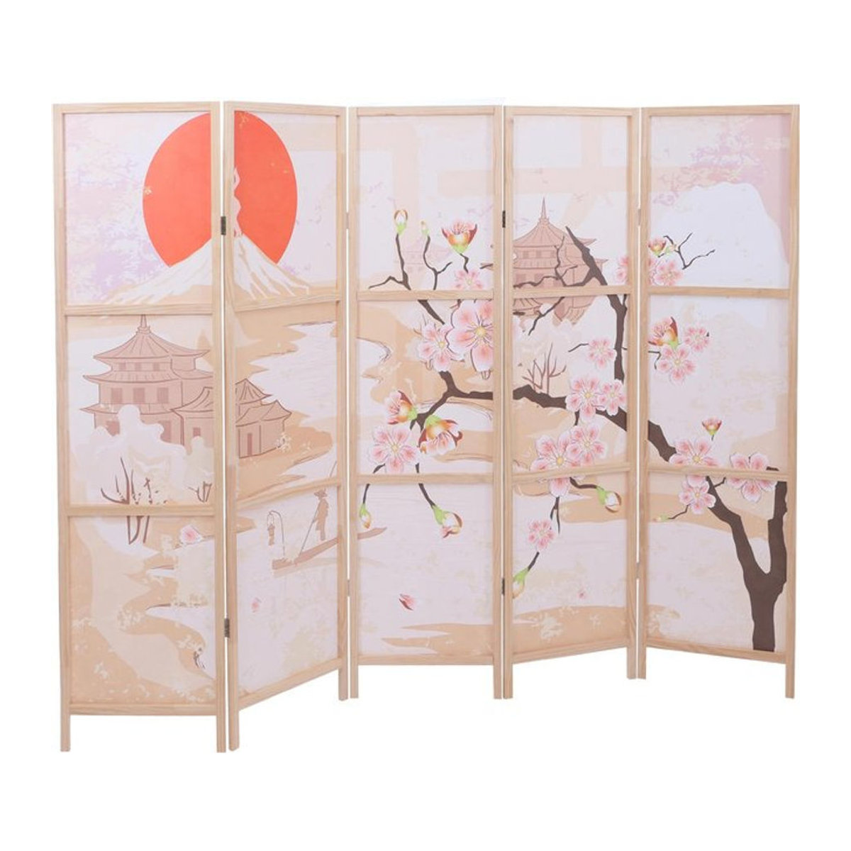 Paravent MCW-O70 Trennwand Sichtschutz mit Kirschblüten Naturmotiv aus Holz und Polyethylen, mehrfarbig, B: 170 cm, H: 227 cm - Bild 1