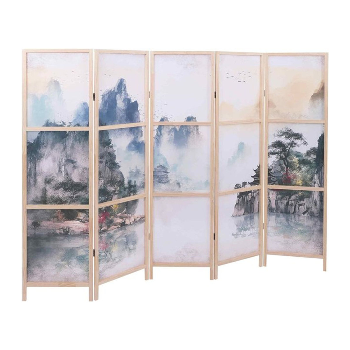 Paravent MCW-O70 Trennwand Sichtschutz mit Naturmotiven Berge aus Holz und Polyethylen, B/H: 170 x 227 cm, mehrfarbig - Bild 1