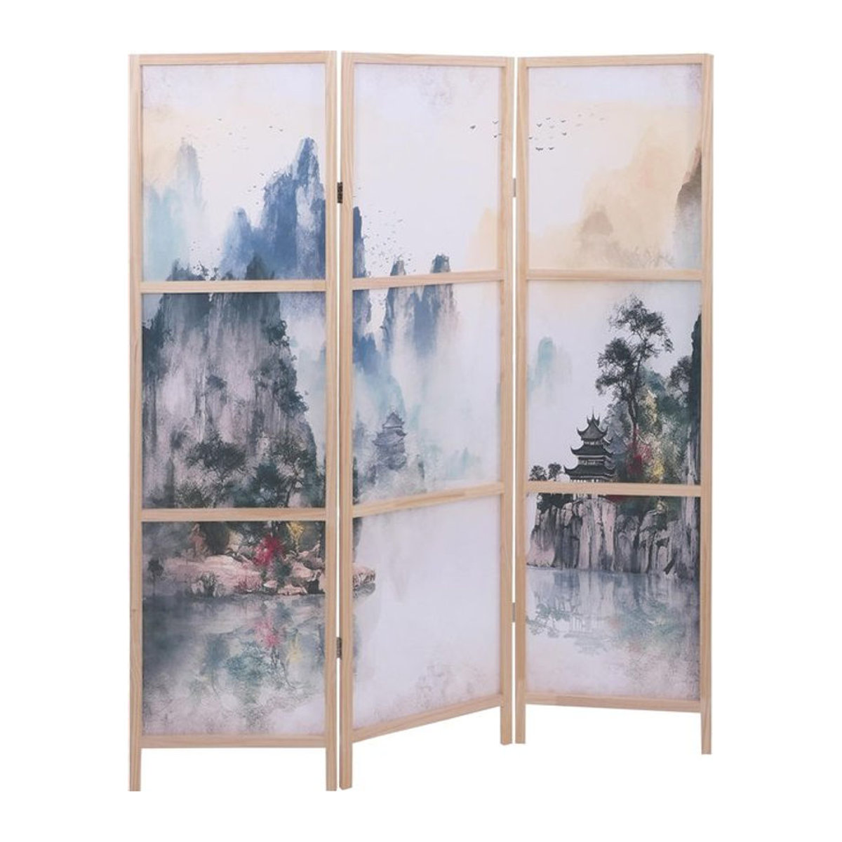 Paravent MCW Sichtschutz Trennwand mit Naturmotiven Berge aus Holz und Polyethylen, mehrfarbig, H x B: 170 x 137 cm - Bild 1