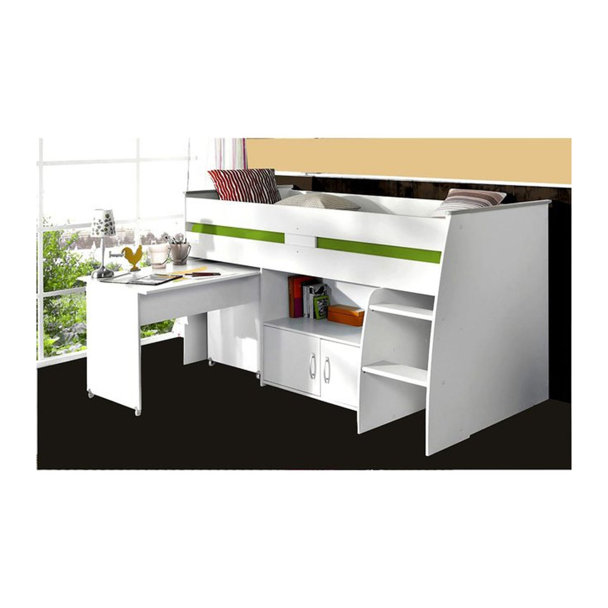 Parisot Multifunktionshochbett Marcelle mit Schreibtisch und Stauraum in Weiß, B/T/H: 90 x 110 x 206,4 cm - Bild 1