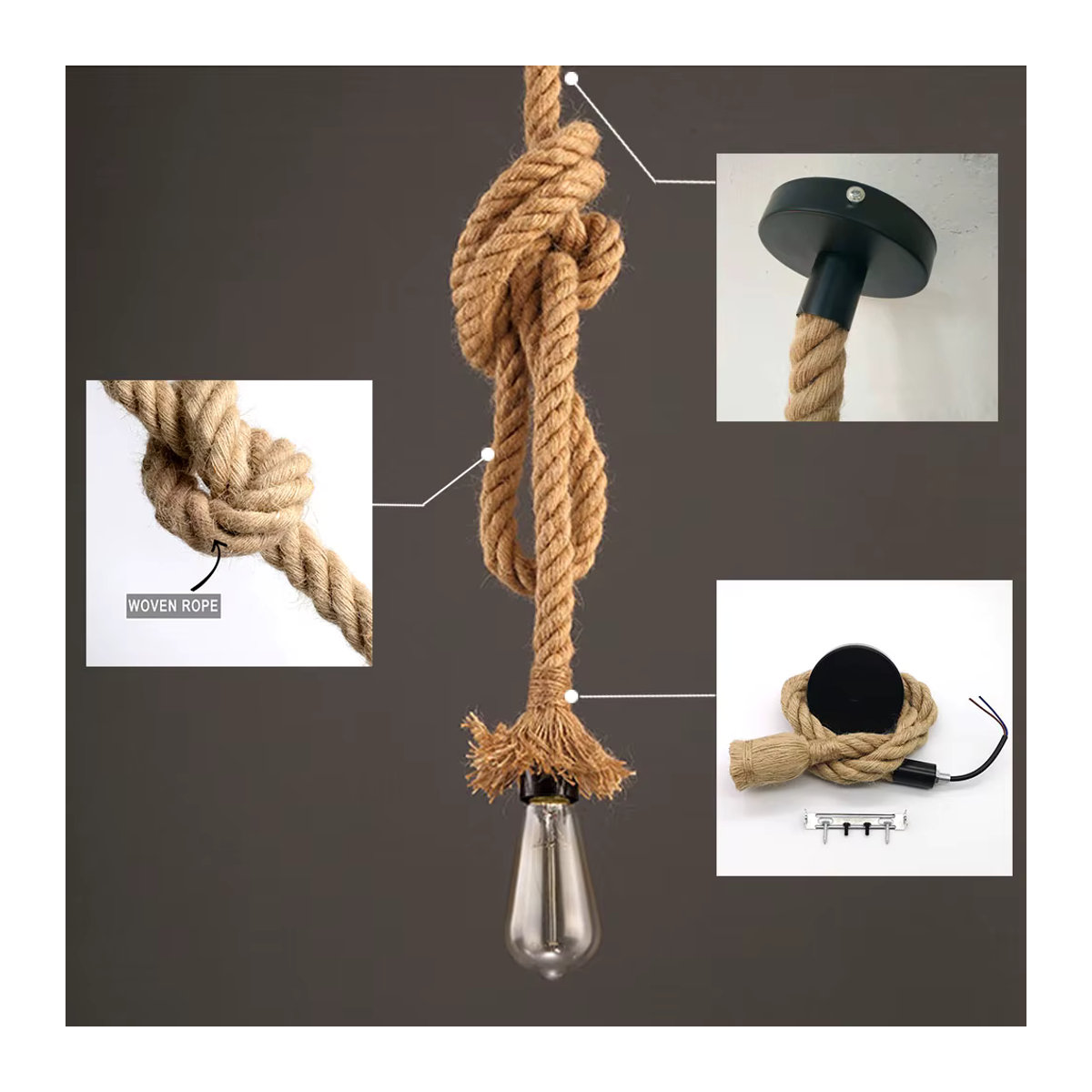 PARKSON Retro Pendelleuchte im Industrial Design mit Hanfseil und E27 Fassung, Braun - Bild 4