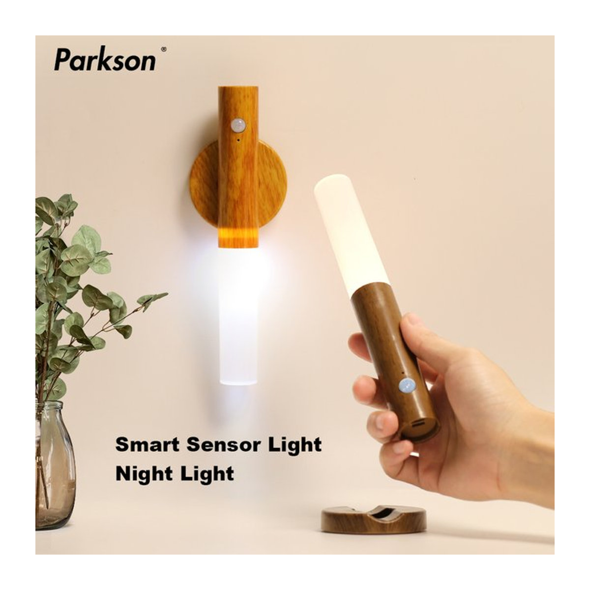PARKSON Smart Motion Sensor LED Wandleuchte aus Holz in Natur mit magnetischer Befestigung und wiederaufladbarem Akku im skandinavischen Design - Bild 1