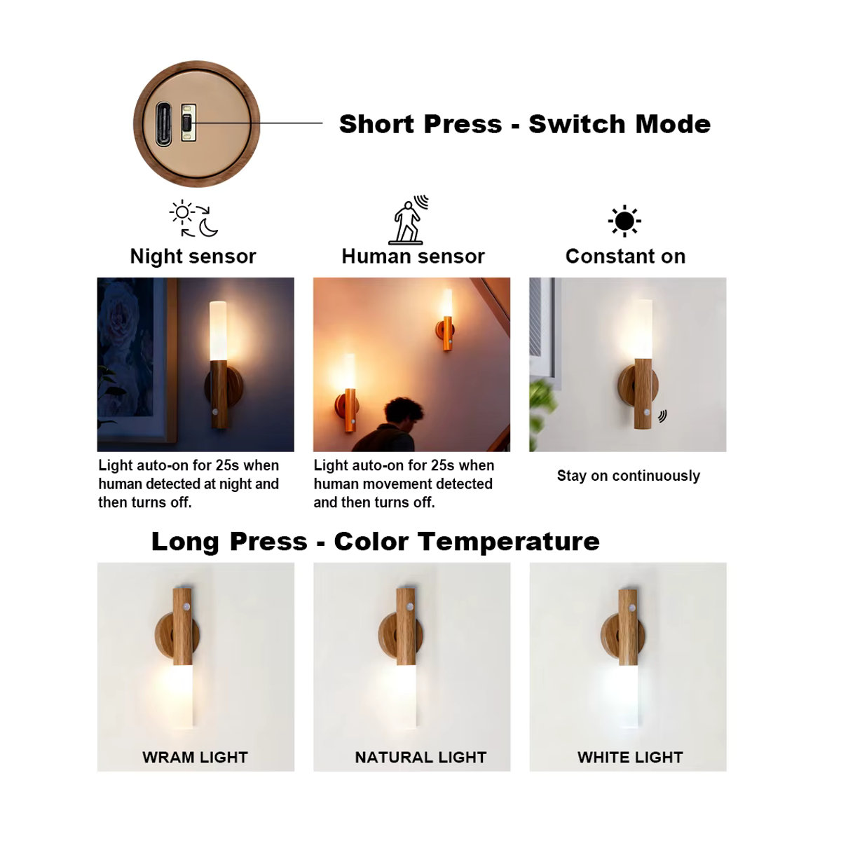 PARKSON Smart Motion Sensor LED Wandleuchte aus Holz in Natur mit magnetischer Befestigung und wiederaufladbarem Akku im skandinavischen Design - Bild 2