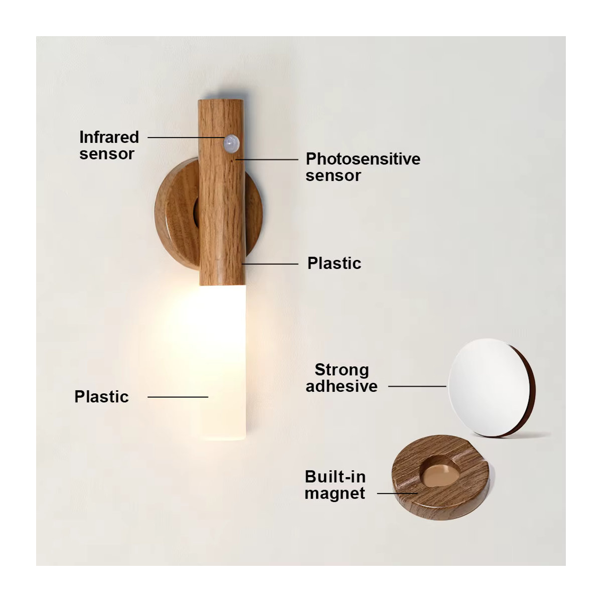 PARKSON Smart Motion Sensor LED Wandleuchte aus Holz in Natur mit magnetischer Befestigung und wiederaufladbarem Akku im skandinavischen Design - Bild 3