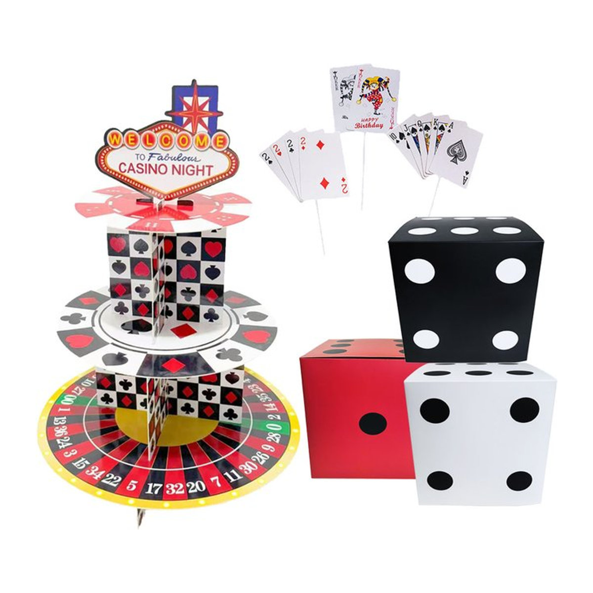 PartiesTour Casino Tortenständer aus Papier als quadratische Würfelbox für Las Vegas Geburtstagspartys, mehrfarbig und grün - Bild 1
