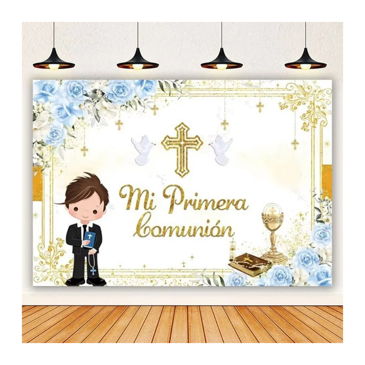 Party-Hintergrund für Erstkommunion, Taufe oder Geburtstag mit goldenem Kreuz und floralem Design in Gold und Weiß - Bild 1