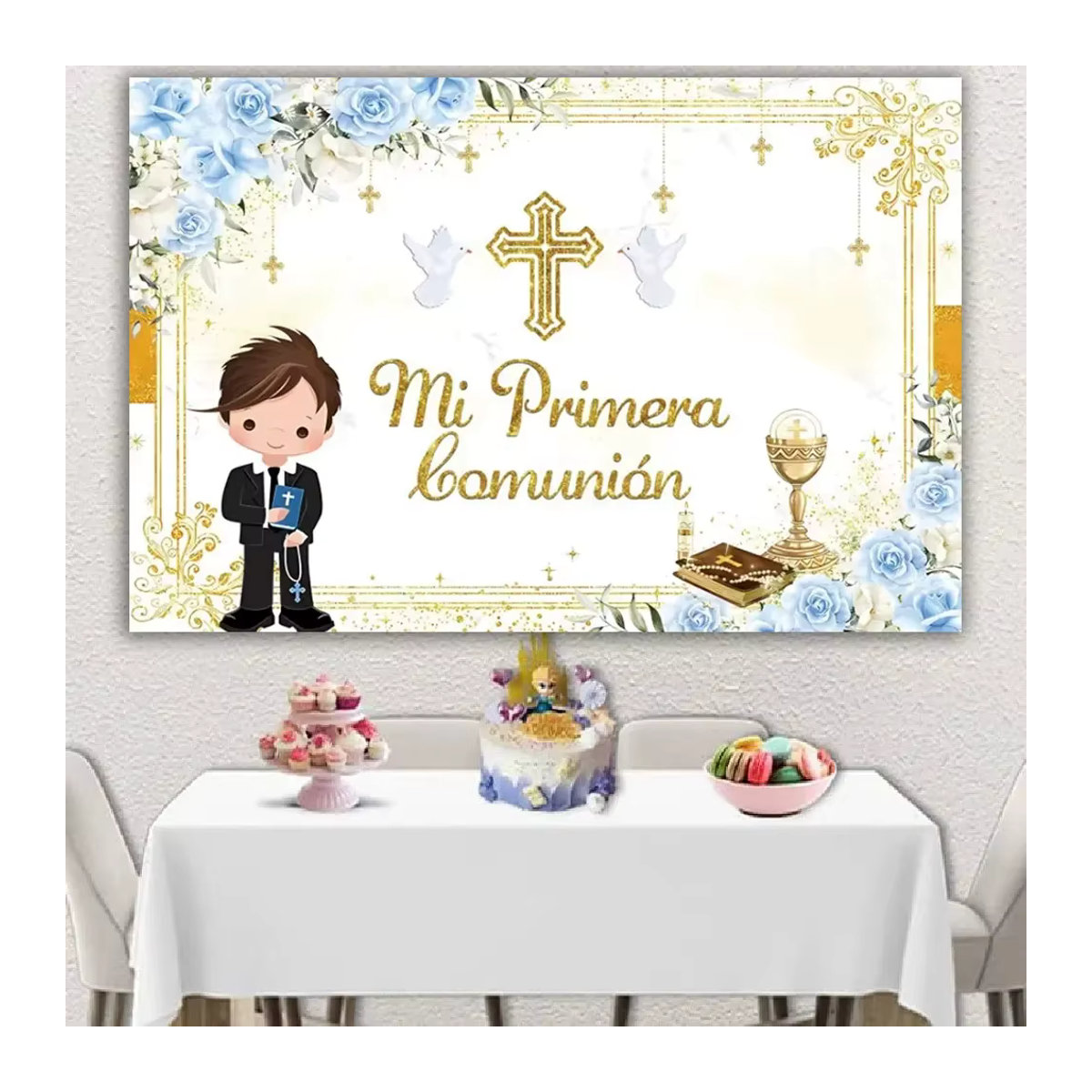 Party-Hintergrund für Erstkommunion, Taufe oder Geburtstag mit goldenem Kreuz und floralem Design in Gold und Weiß - Bild 2