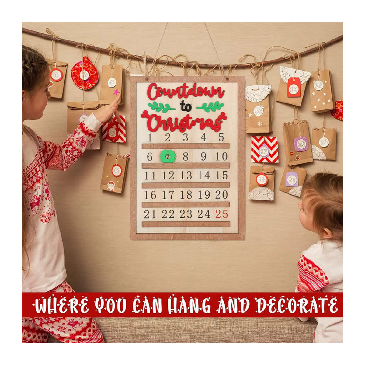 PATIMATE Adventskalender aus Holz in skandinavischem Design, mehrfarbige Weihnachtsdekoration zum Aufhängen für Kinder - Bild 3