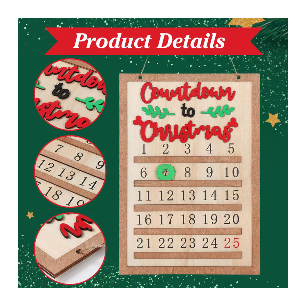 PATIMATE Adventskalender aus Holz in skandinavischem Design, mehrfarbige Weihnachtsdekoration zum Aufhängen für Kinder - Bild 4