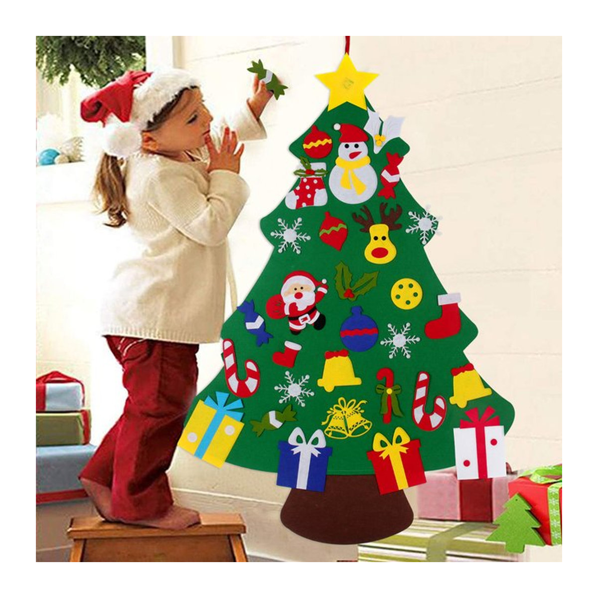 PATIMATE DIY Filz Weihnachtsbaum als hängende Dekoration mit Weihnachtsmann und Schneemann in Grün und Gelb - Bild 1