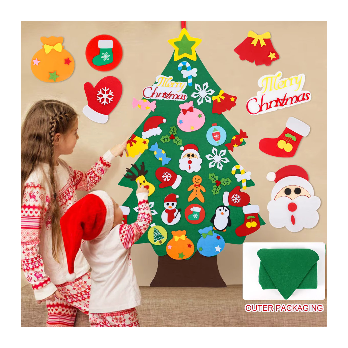 PATIMATE DIY Filz Weihnachtsbaum als hängende Dekoration mit Weihnachtsmann und Schneemann in Grün und Gelb - Bild 2