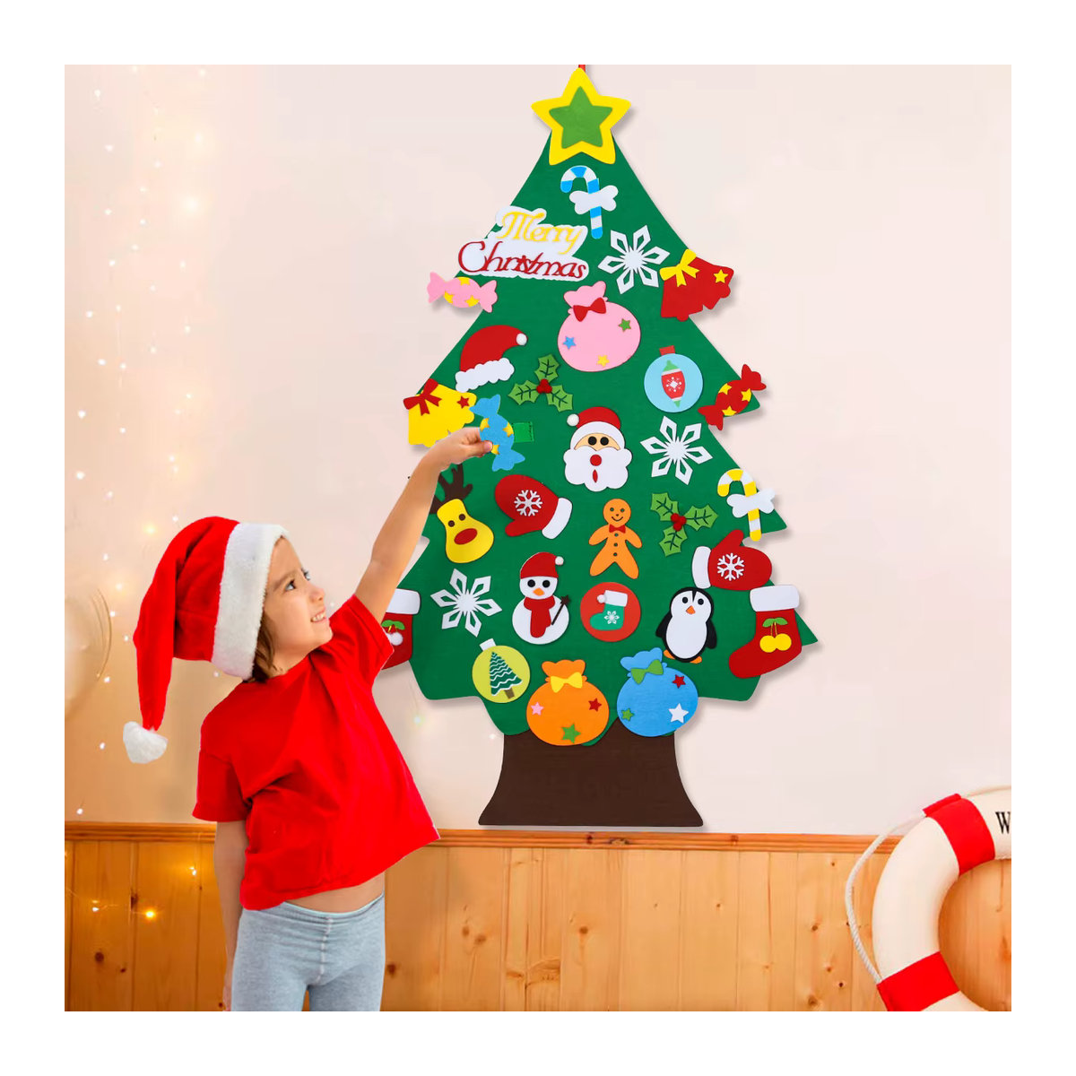 PATIMATE DIY Filz Weihnachtsbaum als hängende Dekoration mit Weihnachtsmann und Schneemann in Grün und Gelb - Bild 4