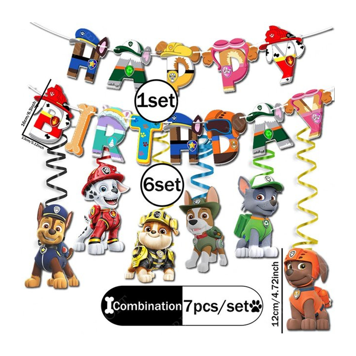 Paw Patrol Themen-Spiralbanner-Kombination aus Papier für Kindergeburtstage, mehrfarbig, hängende Dekoration im Cartoon-Stil - Bild 1