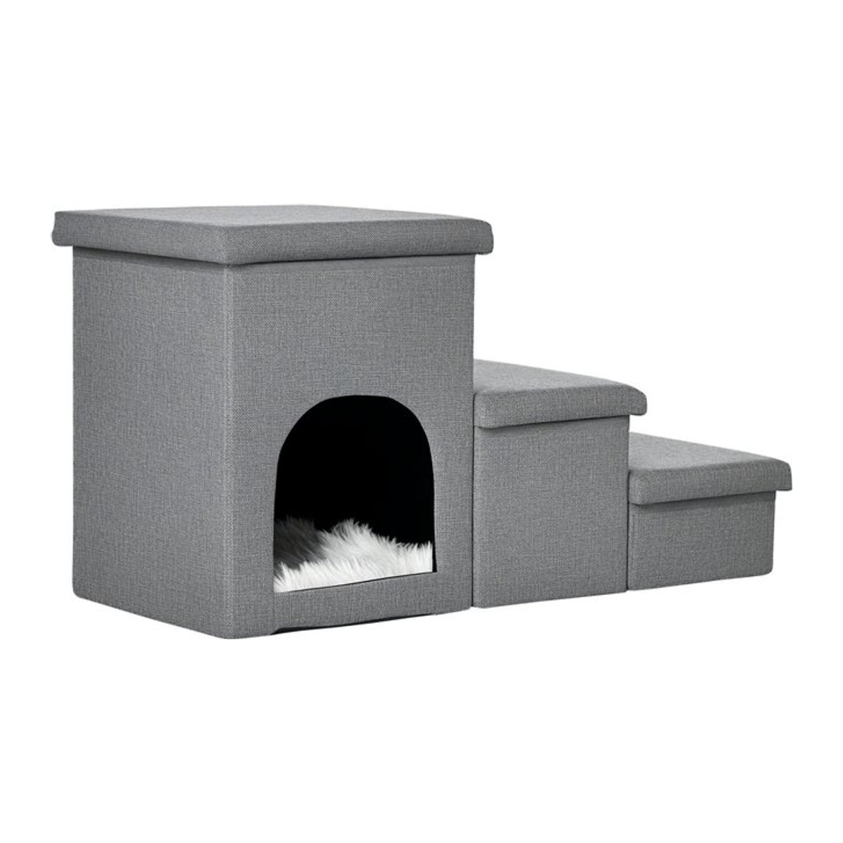 PawHut 3-in-1 Hundetreppe mit Höhle und Stauraum, 3-stufige Katzentreppe mit Kissen, Hellgrau - Bild 1