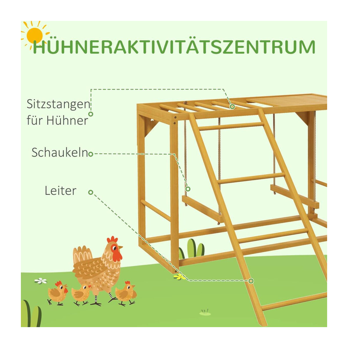 PawHut Hühner-Spielgerüst aus Naturholz mit Schaukel und Leiter für 3-4 Hühner, B/H/L: 110 x 70 x 100 cm - Bild 3