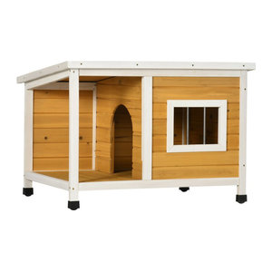 PawHut Hundehütte aus Tannenholz mit Terrasse und aufklappbarem Dach in Orange für kleine Hunde Indoor und Outdoor