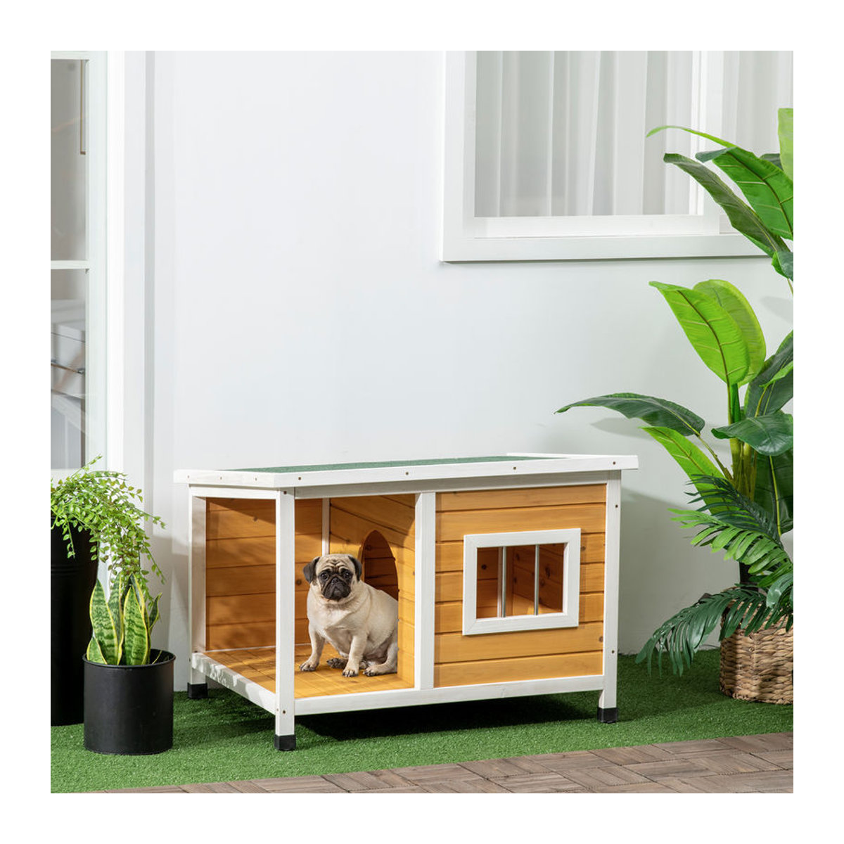 PawHut Hundehütte aus Tannenholz mit Terrasse und aufklappbarem Dach in Orange für kleine Hunde Indoor und Outdoor - Bild 2