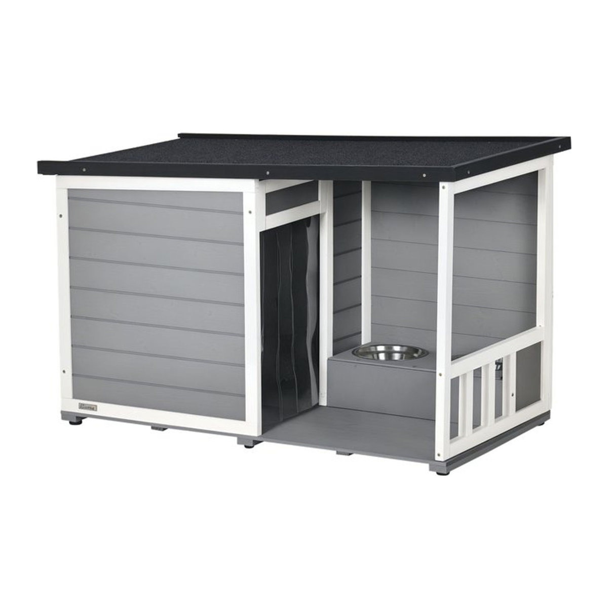PawHut Hundehütte aus Tannenholz mit Terrasse, wetterbeständigem Asphaltdach und 2 Schüsseln, Grau, B: 103 cm, T: 62 cm, H: 60-66 cm - Bild 1