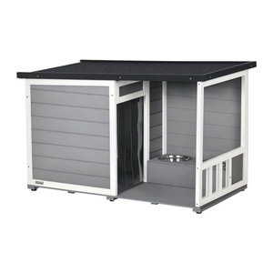 PawHut Hundehütte aus Tannenholz mit Terrasse, wetterbeständigem Asphaltdach und 2 Schüsseln, Grau, B: 103 cm, T: 62 cm, H: 60-66 cm