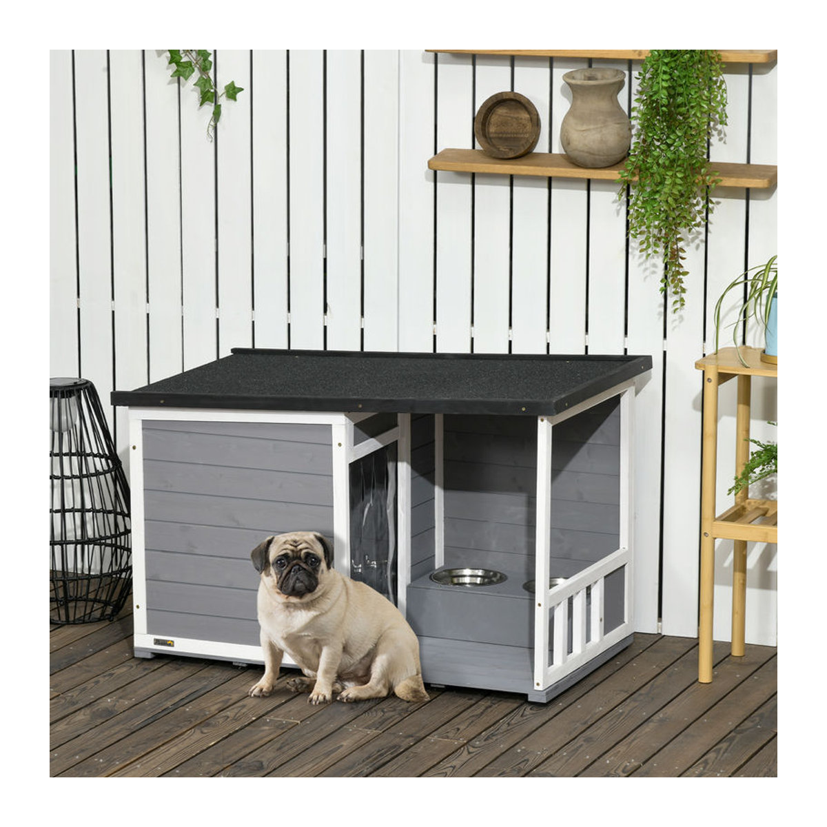 PawHut Hundehütte aus Tannenholz mit Terrasse, wetterbeständigem Asphaltdach und 2 Schüsseln, Grau, B: 103 cm, T: 62 cm, H: 60-66 cm - Bild 2