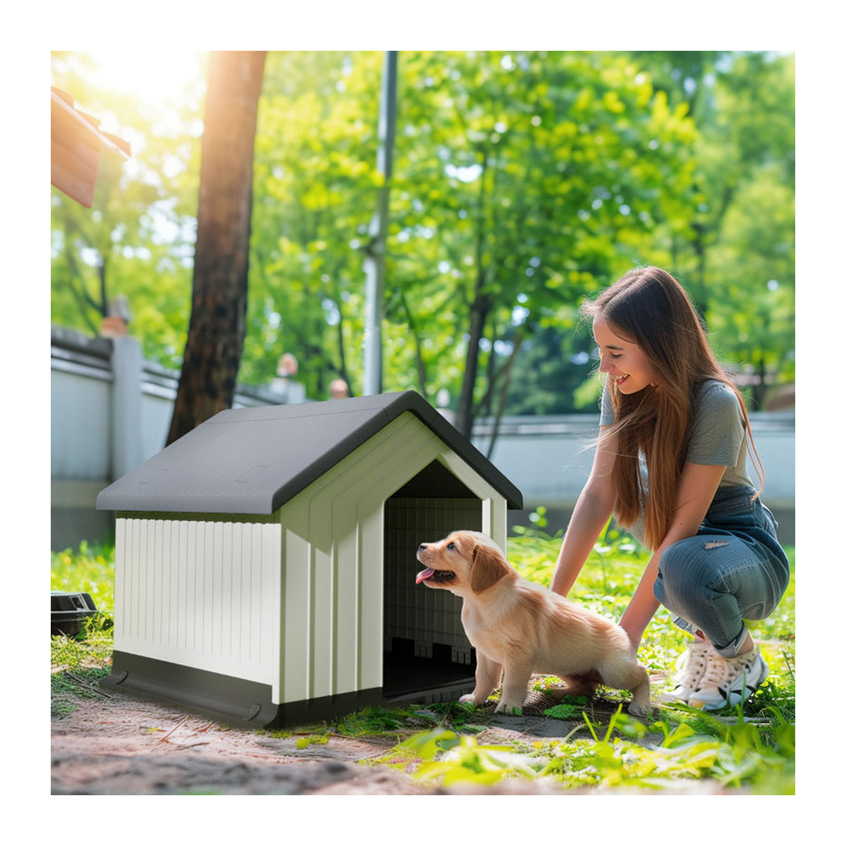 PawHut Hundehütte mit Asphaltdach und Fenstern, wetterfestes Hundehaus für kleine Hunde in Grau, B/T/H: 62 x 61 x 60 cm - Bild 2