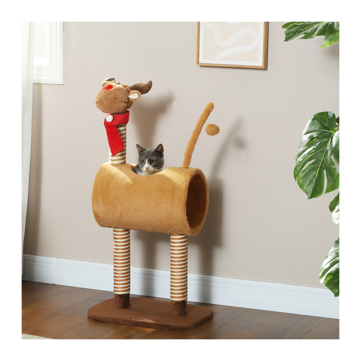 PawHut Kratzbaum im Hirschdesign mit Höhle und Spielball, Braun, B/T/H: 34 x 48 x 98 cm - Bild 2