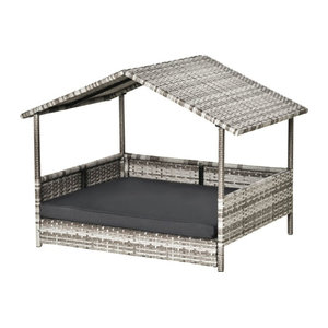 PawHut Rattan Hundehaus mit Kissen in Hausform, Outdoor Hundehütte aus Polyrattan und Stahl, Grau, B/T/H: 98 x 69 x 70 cm