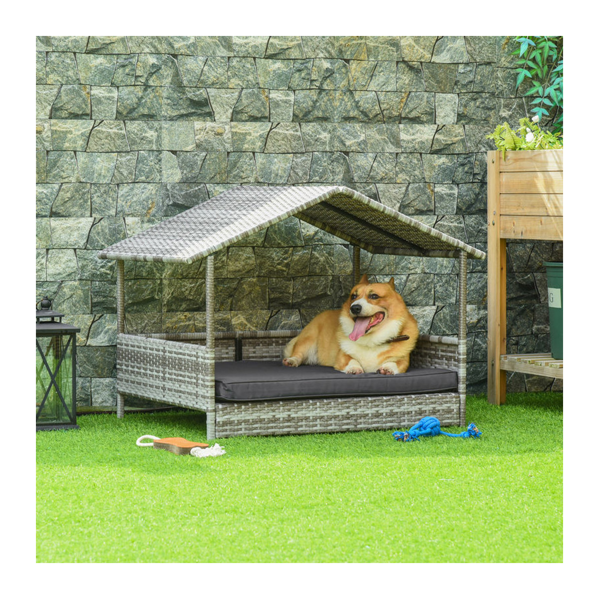 PawHut Rattan Hundehaus mit Kissen in Hausform, Outdoor Hundehütte aus Polyrattan und Stahl, Grau, B/T/H: 98 x 69 x 70 cm - Bild 2