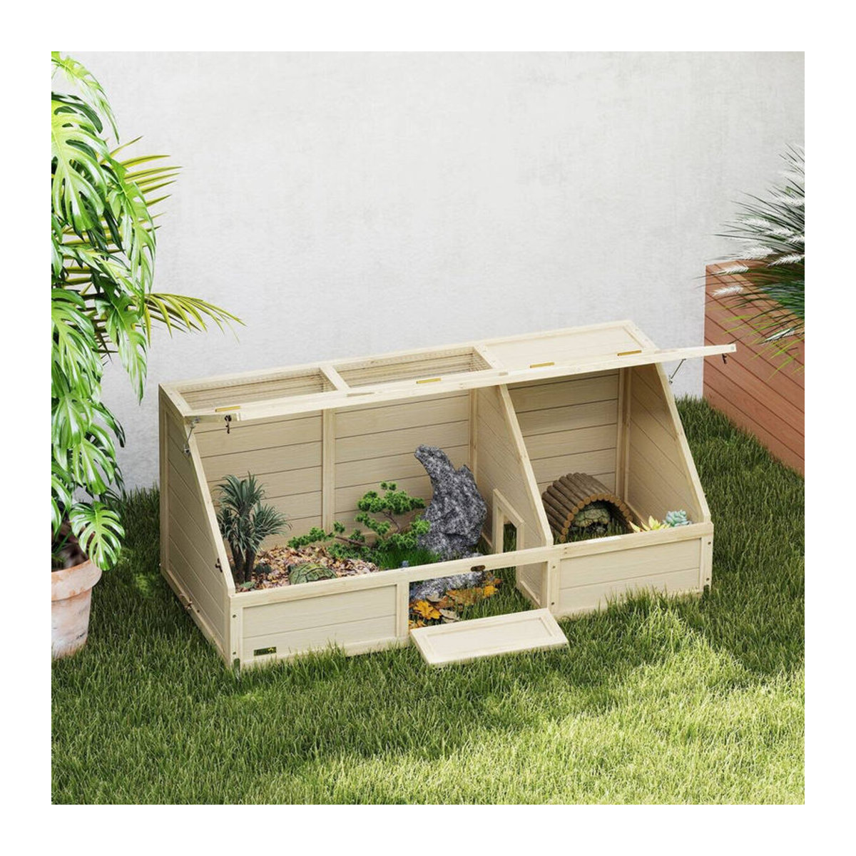 PawHut Schildkrötenhaus aus Holz in Natur mit zwei Haupthäusern und aufklappbarer Oberseite, Outdoor Reptiliengehege für Kleintiere und Kaninchen, B/H/L: 55 x 50 x 120 cm - Bild 2