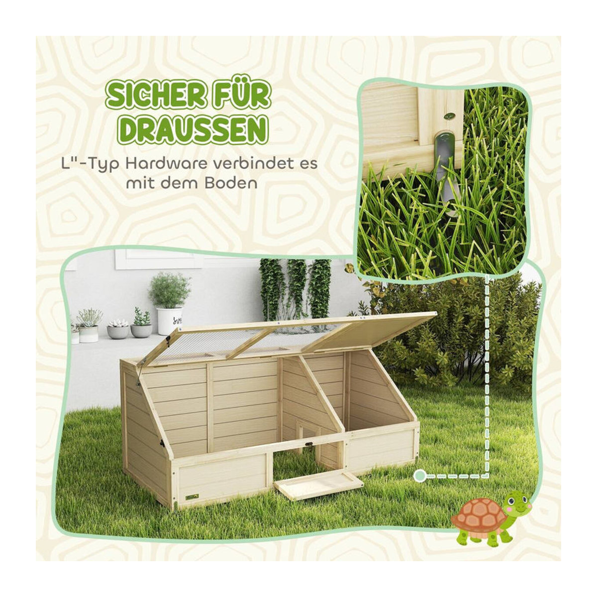 PawHut Schildkrötenhaus aus Holz in Natur mit zwei Haupthäusern und aufklappbarer Oberseite, Outdoor Reptiliengehege für Kleintiere und Kaninchen, B/H/L: 55 x 50 x 120 cm - Bild 3
