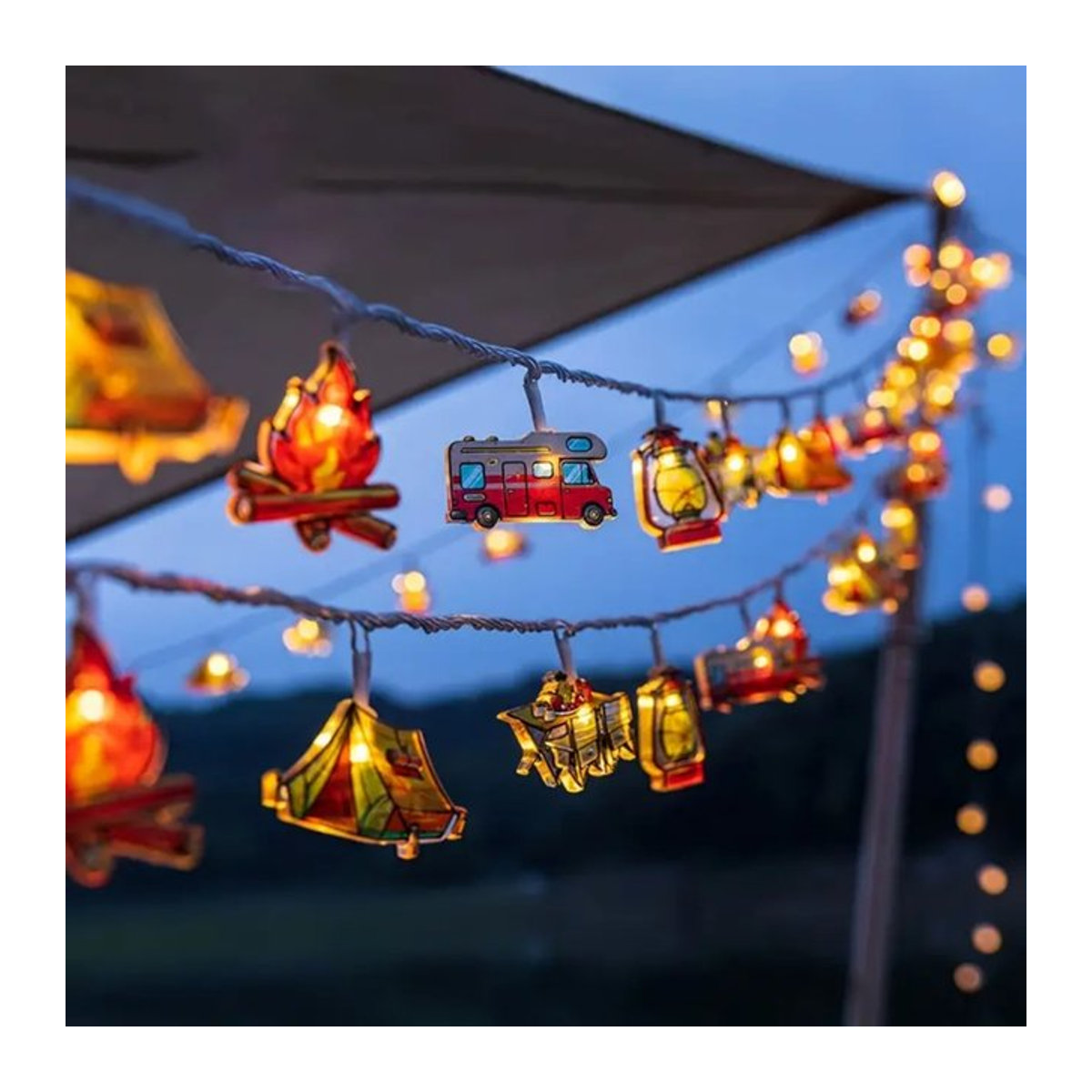 Peach Forest Bunte LED Camping Lichterkette mit Camping-Motiven als dekorative Atmosphäre-Fee-Lampe für Outdoor, Garten und Hof - Bild 1