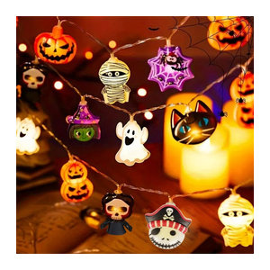 Peach Forest Halloween LED Lichterkette Batteriebetrieben in Bunt mit Geister, Hexe, Katze, Kürbis, Spinnennetz, Skelett, Mumie und Piratenform für Innenräume
