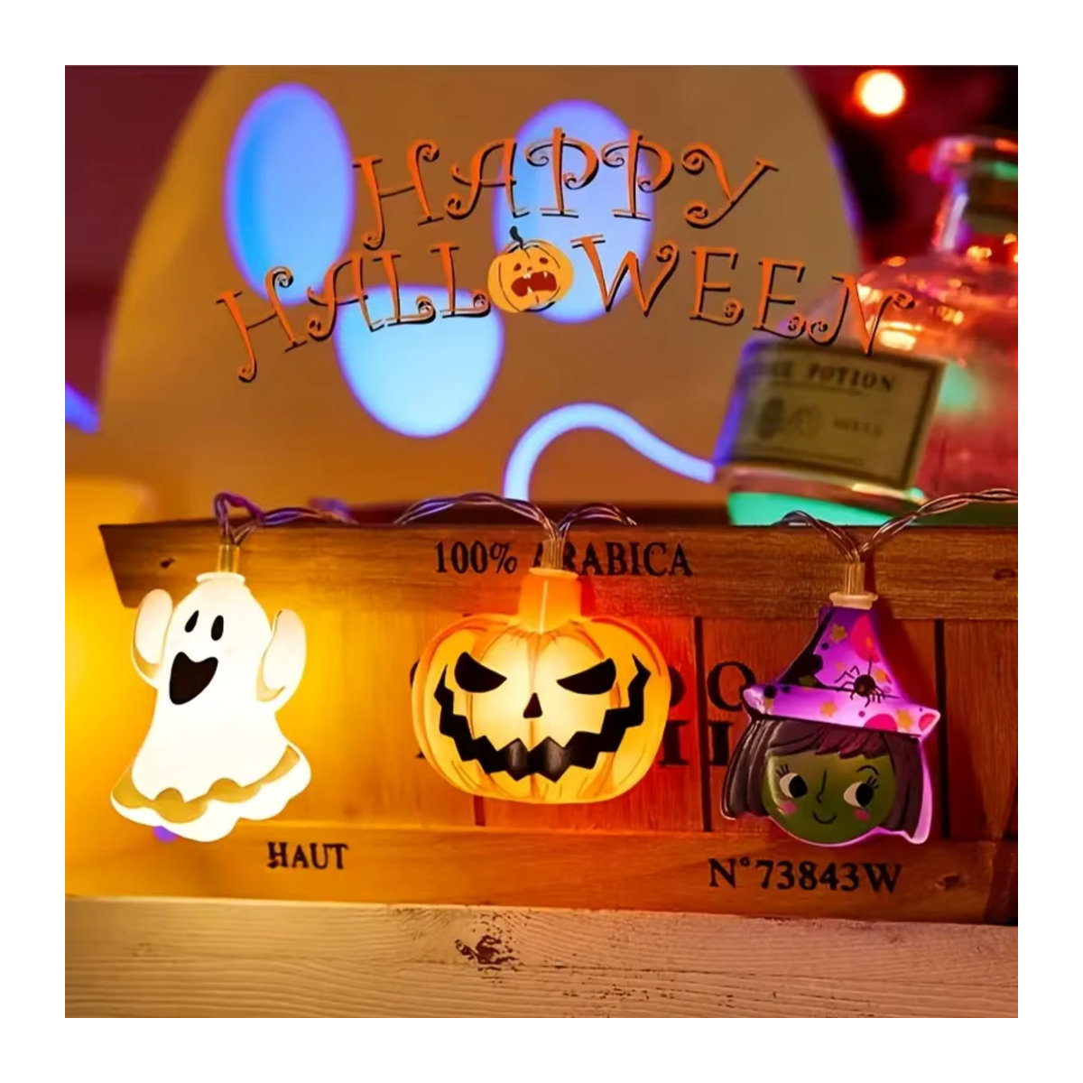 Peach Forest Halloween LED Lichterkette Batteriebetrieben in Bunt mit Geister, Hexe, Katze, Kürbis, Spinnennetz, Skelett, Mumie und Piratenform für Innenräume - Bild 2