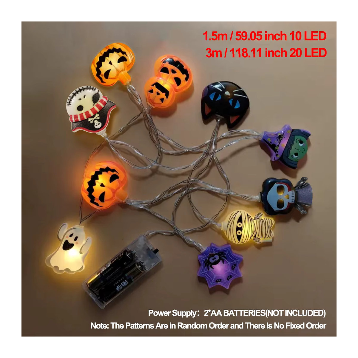 Peach Forest Halloween LED Lichterkette Batteriebetrieben in Bunt mit Geister, Hexe, Katze, Kürbis, Spinnennetz, Skelett, Mumie und Piratenform für Innenräume - Bild 3