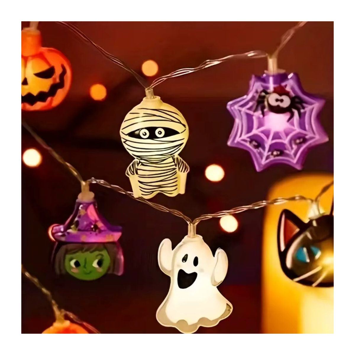 Peach Forest Halloween LED Lichterkette Batteriebetrieben in Bunt mit Geister, Hexe, Katze, Kürbis, Spinnennetz, Skelett, Mumie und Piratenform für Innenräume - Bild 4