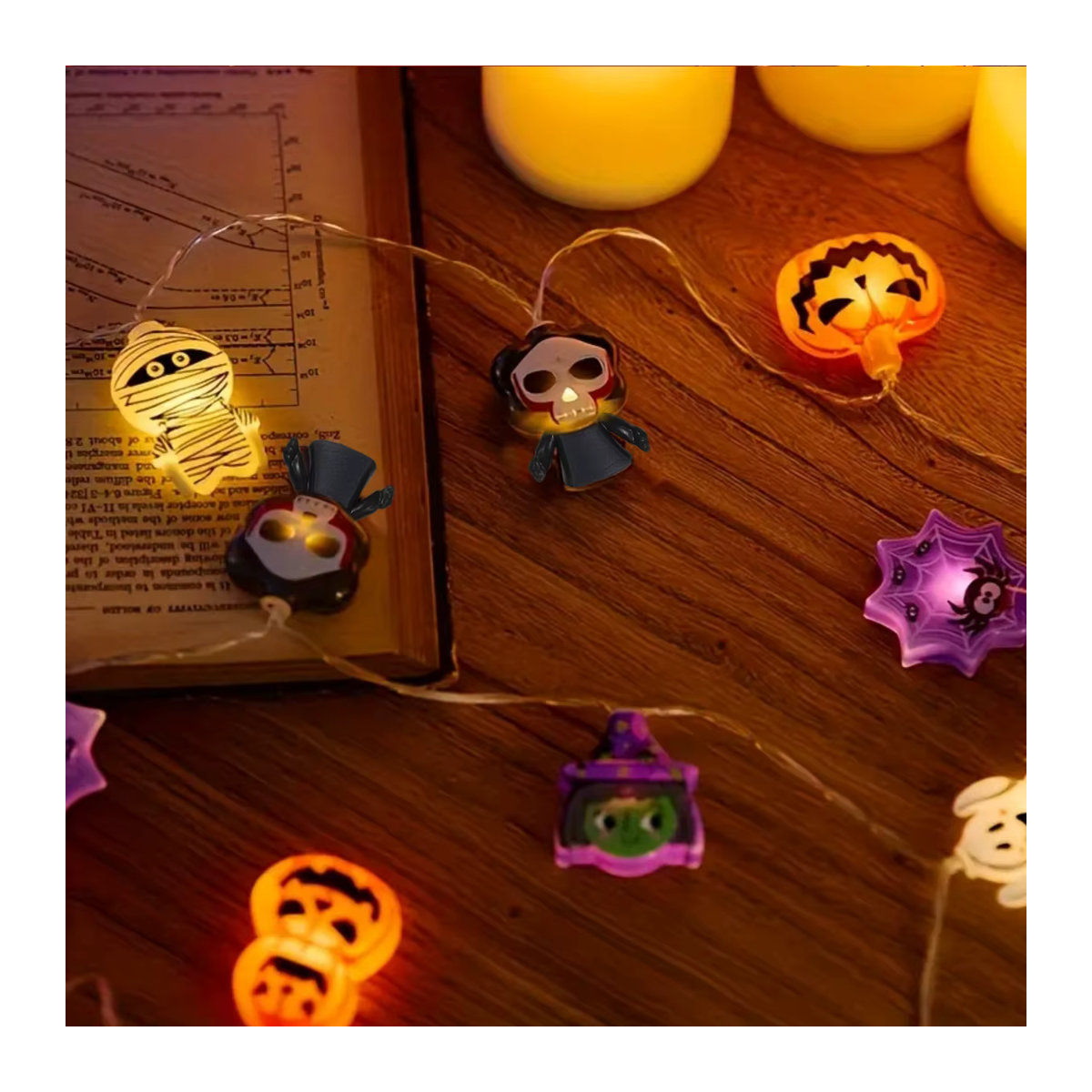 Peach Forest Halloween LED Lichterkette Batteriebetrieben in Bunt mit Geister, Hexe, Katze, Kürbis, Spinnennetz, Skelett, Mumie und Piratenform für Innenräume - Bild 5
