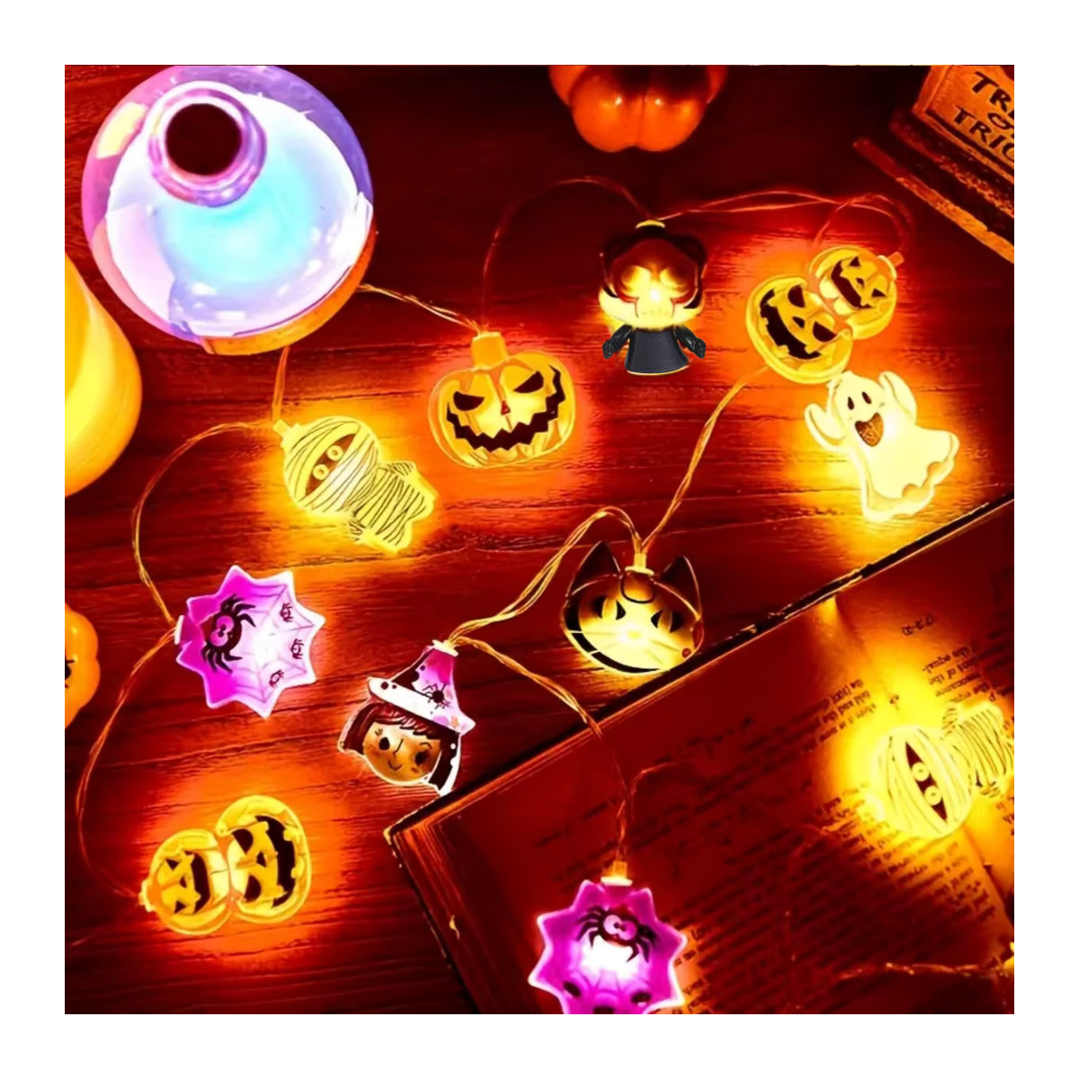 Peach Forest Halloween LED Lichterkette Batteriebetrieben in Bunt mit Geister, Hexe, Katze, Kürbis, Spinnennetz, Skelett, Mumie und Piratenform für Innenräume - Bild 6