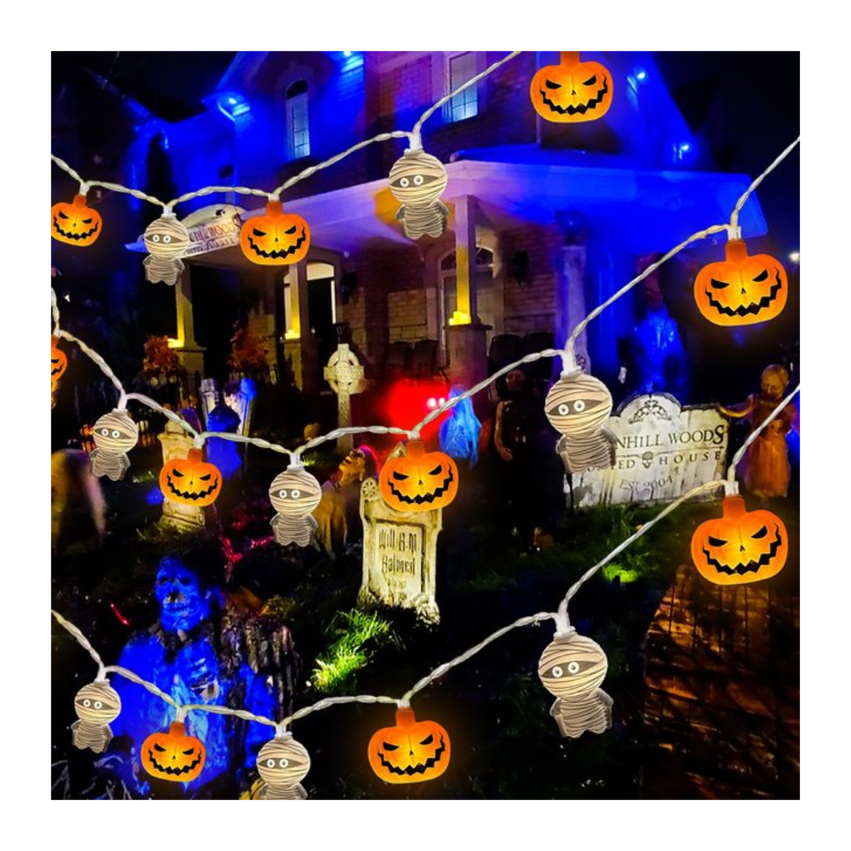 Peach Forest Halloween Lichterkette mit Kürbis und Mumien Form in Orange, batteriebetrieben für Indoor und Outdoor Dekoration - Bild 1