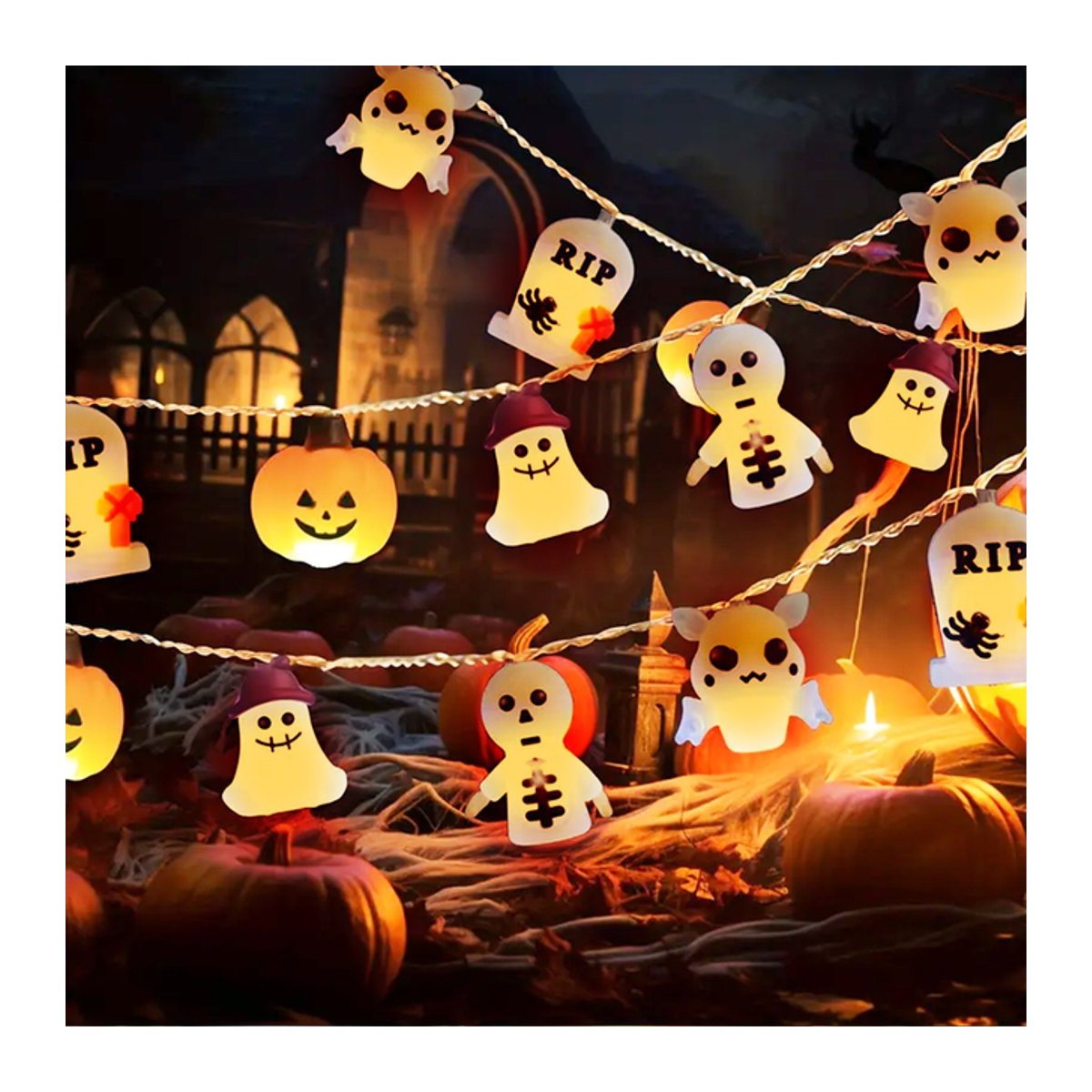 Peach Forest LED Halloween Lichterkette aus Silikon mit Kürbis, Grabstein, Skelett, Geist und Fledermaus in Orange - Bild 1
