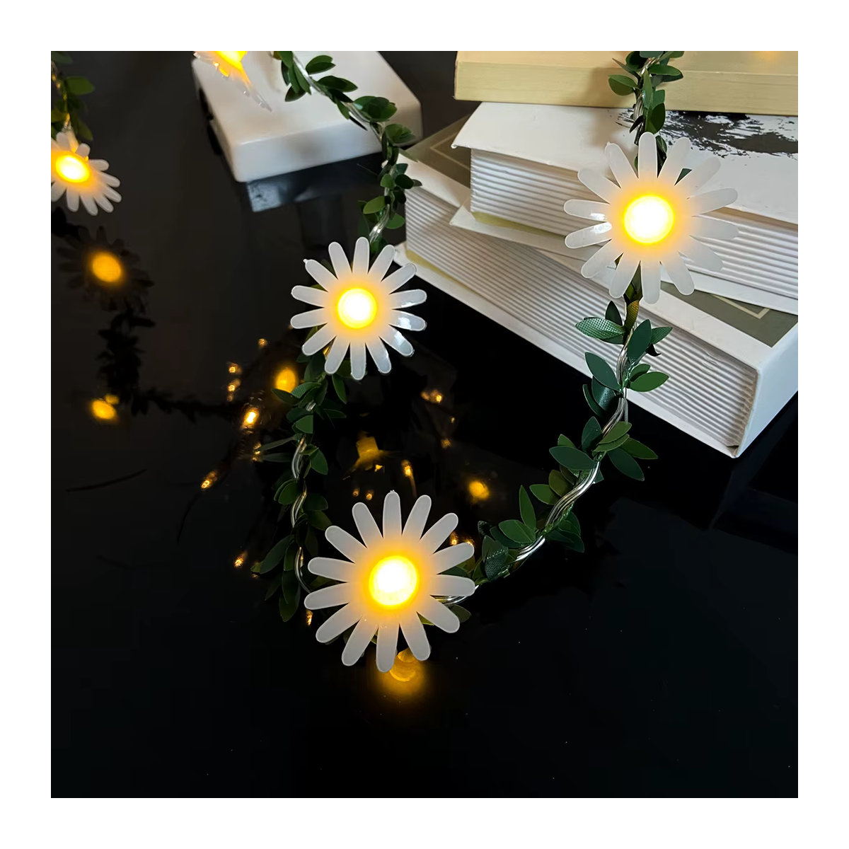 Peach Forest LED Lichterkette mit 10 kleinen Gänseblümchen und grünen Reben, Batteriebetrieben, Grün und Gelb - Bild 5