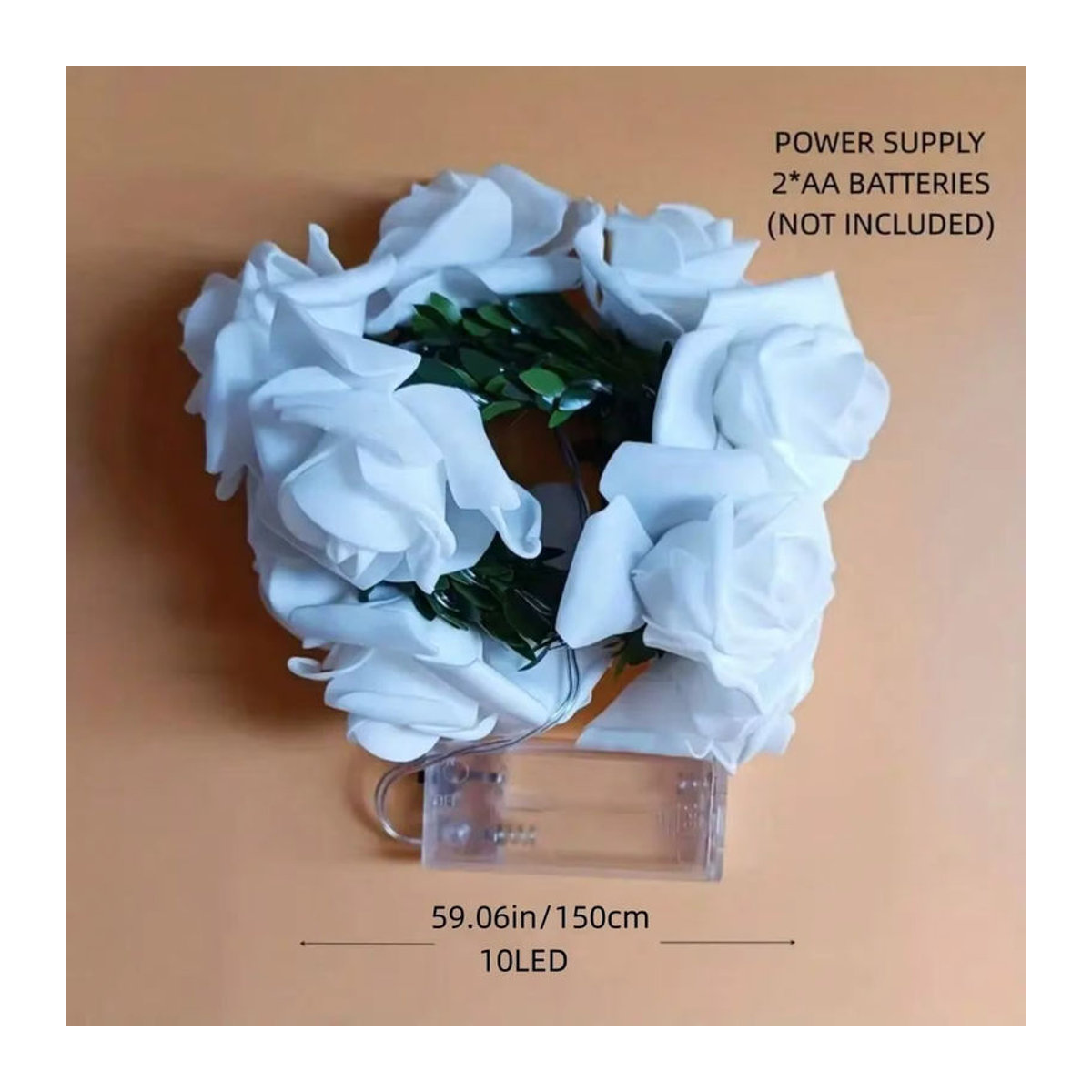 Peach Forest LED Lichterkette mit weißen Rosen und grünen Blättern, 1,5 m Länge, 10 LEDs, batteriebetrieben - Bild 3