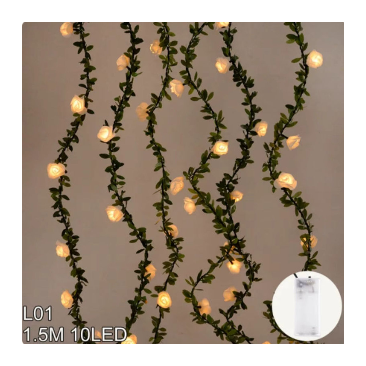 Peach Forest LED Lichterkette mit weißen Rosen und grünen Blättern, 1,5 m Länge, 10 LEDs, batteriebetrieben - Bild 4